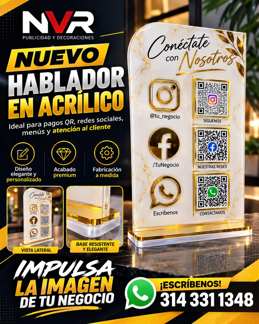 Publicación de Instagram de NVR mostrando un hablador en acrílico con códigos QR y redes sociales